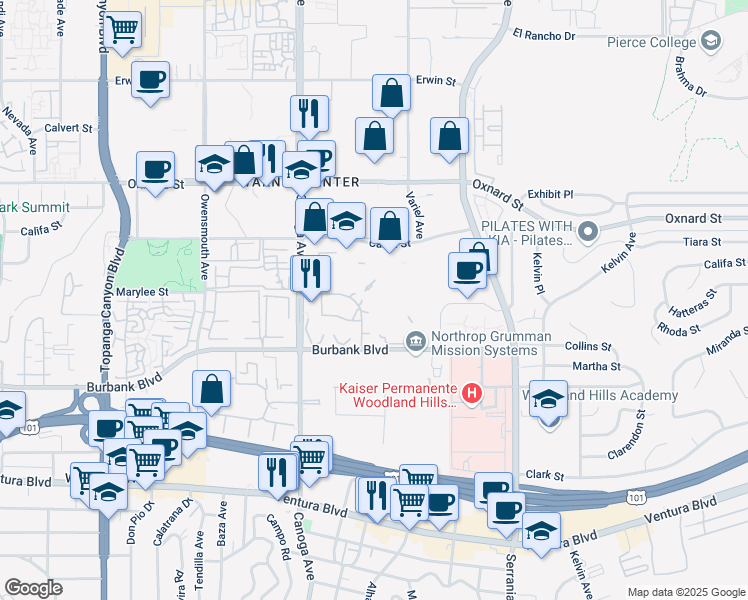 map of restaurants, bars, coffee shops, grocery stores, and more near 21255 Burbank Boulevard in Los Angeles
