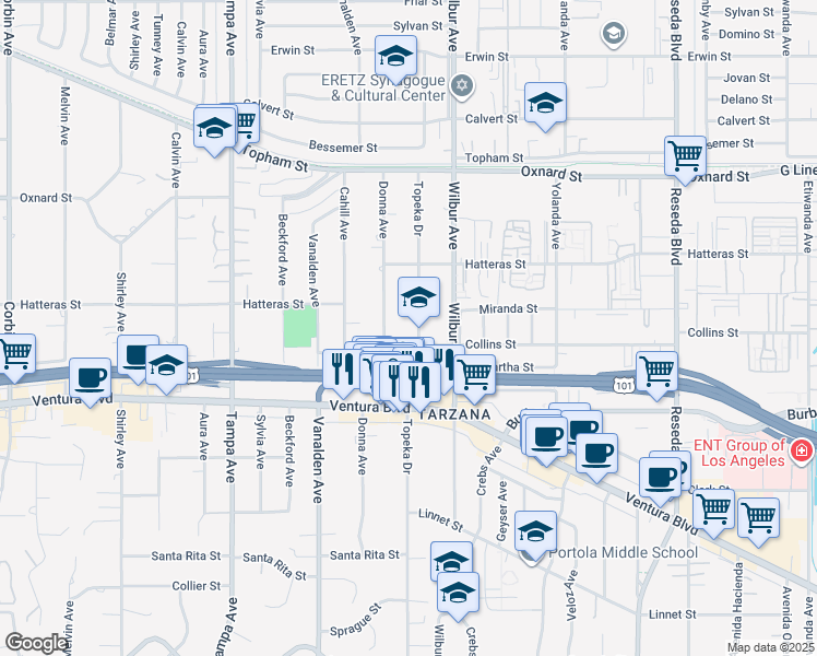 map of restaurants, bars, coffee shops, grocery stores, and more near 5717 Topeka Drive in Los Angeles
