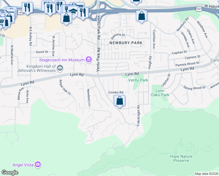 map of restaurants, bars, coffee shops, grocery stores, and more near 1380 Combs Road in Thousand Oaks