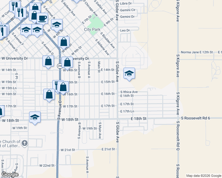 map of restaurants, bars, coffee shops, grocery stores, and more near 1521 South Abilene Avenue in Portales