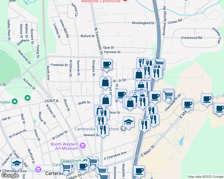 map of restaurants, bars, coffee shops, grocery stores, and more near 111 Ford Street in Cartersville