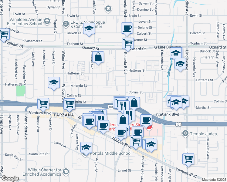 map of restaurants, bars, coffee shops, grocery stores, and more near 18555 Collins Street in Los Angeles