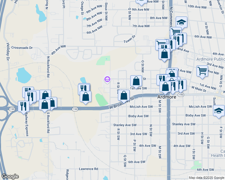 map of restaurants, bars, coffee shops, grocery stores, and more near 1716 1st Avenue Southwest in Ardmore