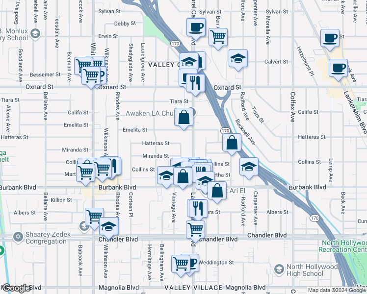 map of restaurants, bars, coffee shops, grocery stores, and more near 5740 Vantage Avenue in Los Angeles