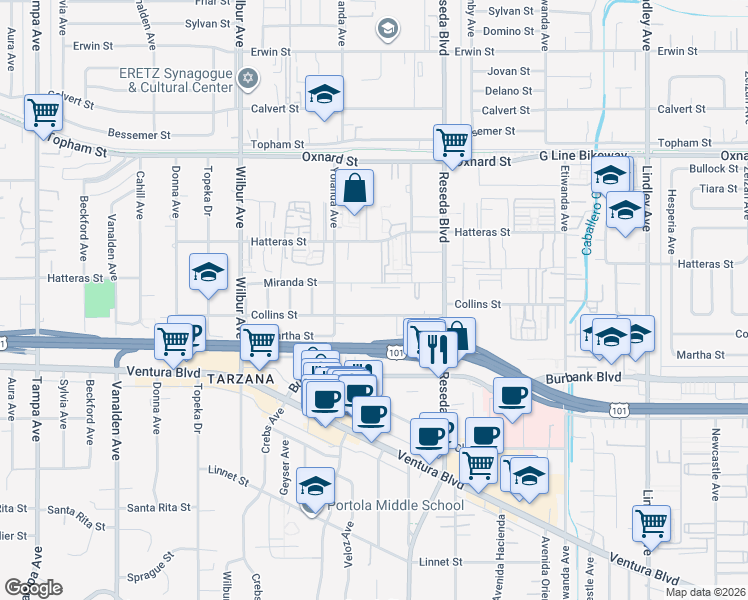 map of restaurants, bars, coffee shops, grocery stores, and more near 18619 Collins Street in Los Angeles