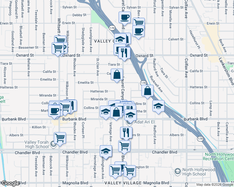 map of restaurants, bars, coffee shops, grocery stores, and more near 5740 Vantage Avenue in Los Angeles