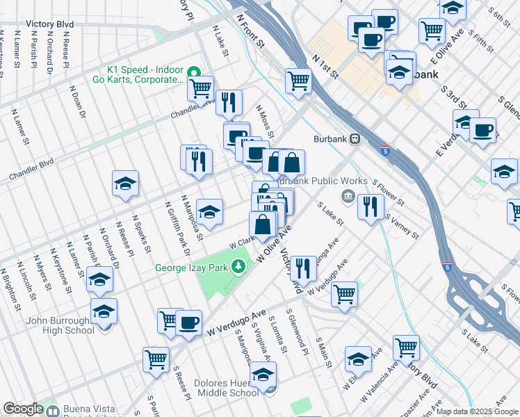 map of restaurants, bars, coffee shops, grocery stores, and more near 203 North Victory Boulevard in Burbank