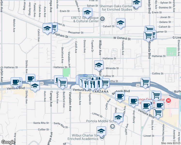 map of restaurants, bars, coffee shops, grocery stores, and more near 5717 Topeka Drive in Los Angeles