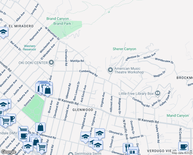 map of restaurants, bars, coffee shops, grocery stores, and more near 734 Cumberland Road in Glendale