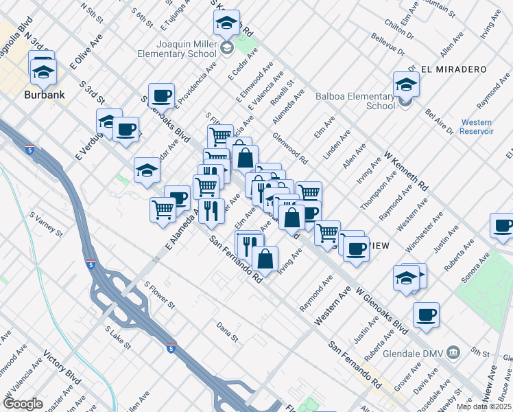map of restaurants, bars, coffee shops, grocery stores, and more near 1992 East Glenoaks Boulevard in Glendale