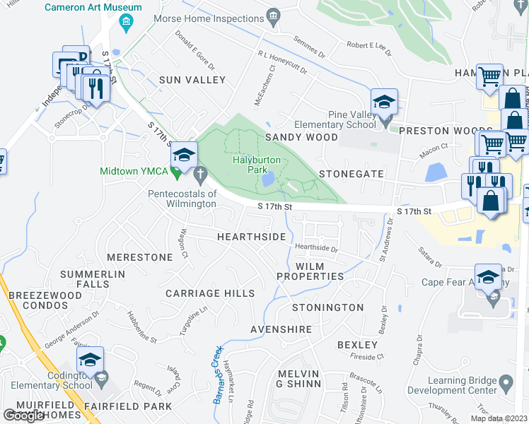 map of restaurants, bars, coffee shops, grocery stores, and more near 3819 Mayfield Court in Wilmington