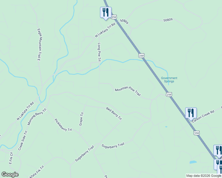 map of restaurants, bars, coffee shops, grocery stores, and more near 126 Mountain Pine Trail in Broken Bow