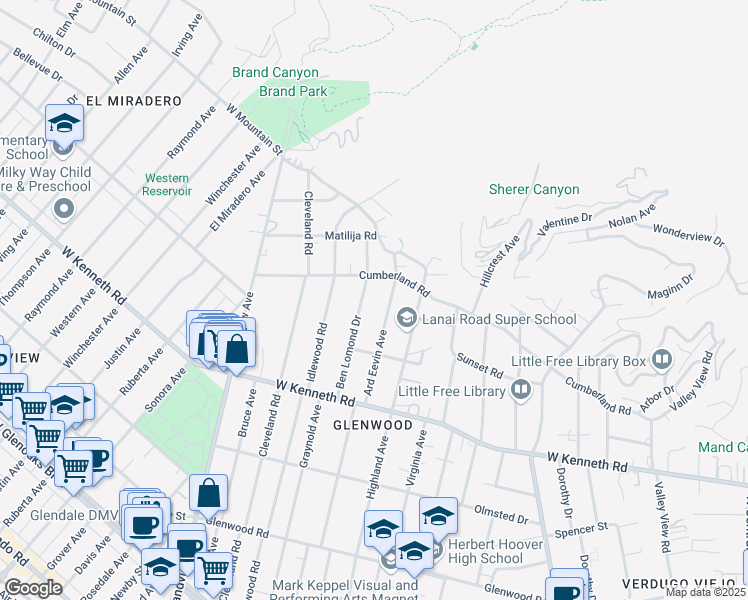 map of restaurants, bars, coffee shops, grocery stores, and more near 734 Cumberland Road in Glendale