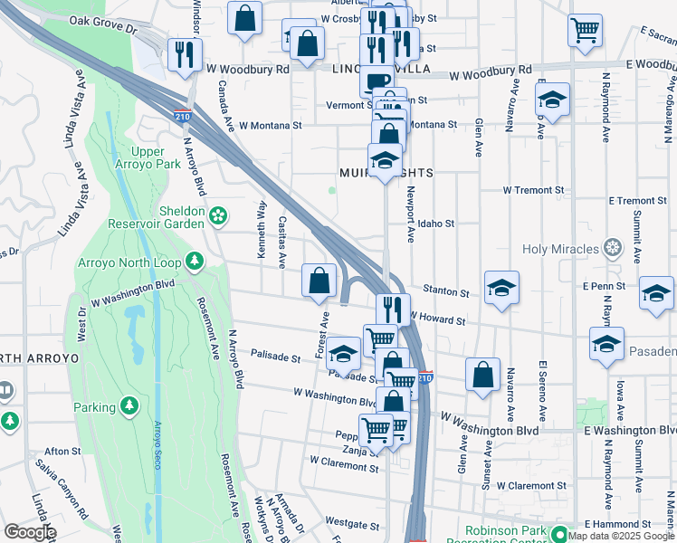 map of restaurants, bars, coffee shops, grocery stores, and more near 545 Stanton Street in Pasadena