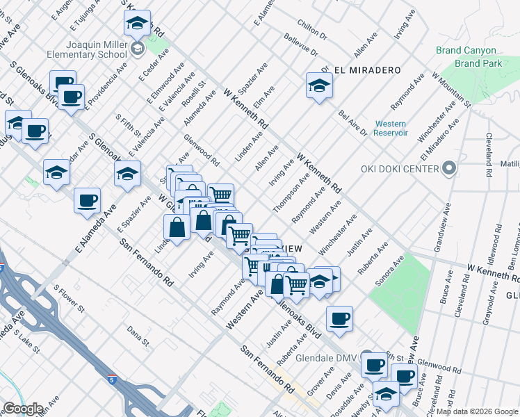 map of restaurants, bars, coffee shops, grocery stores, and more near 1165 Thompson Avenue in Glendale