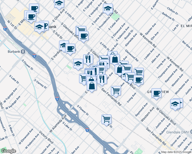 map of restaurants, bars, coffee shops, grocery stores, and more near 1028 South San Fernando Boulevard in Burbank