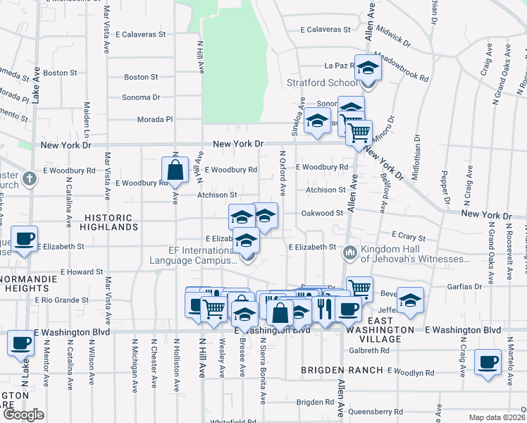 map of restaurants, bars, coffee shops, grocery stores, and more near 1690 North Sierra Bonita Avenue in Pasadena