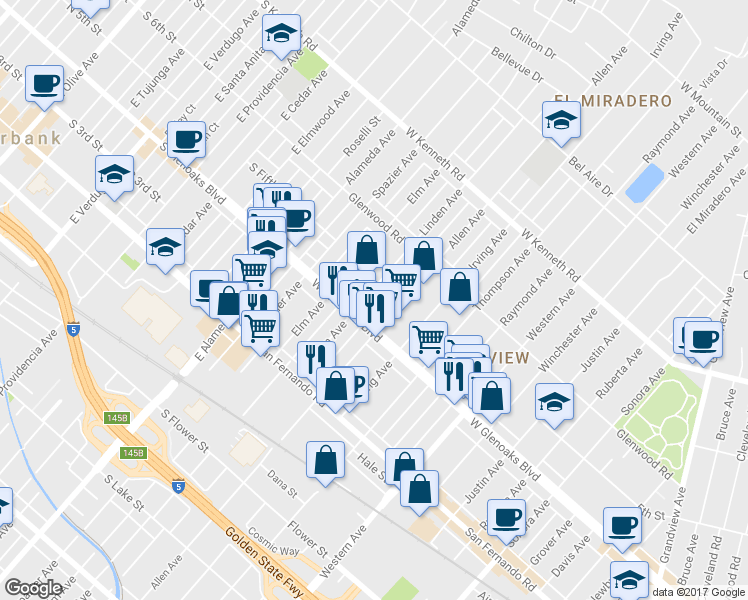 map of restaurants, bars, coffee shops, grocery stores, and more near 1119 Allen Avenue in Glendale