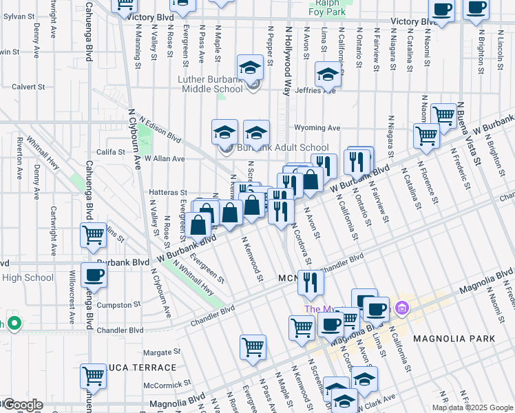 map of restaurants, bars, coffee shops, grocery stores, and more near 3801 West Burbank Boulevard in Burbank