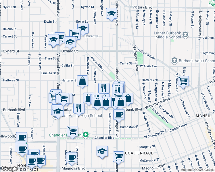 map of restaurants, bars, coffee shops, grocery stores, and more near 5718 Cartwright Avenue in Los Angeles