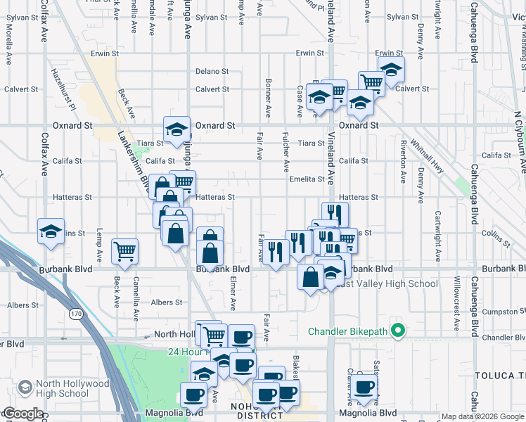 map of restaurants, bars, coffee shops, grocery stores, and more near 5724 Fair Avenue in Los Angeles