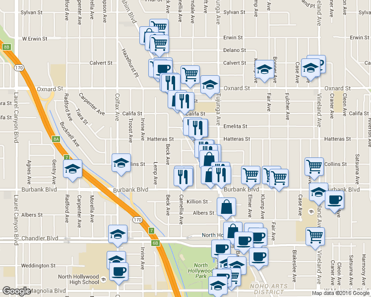 map of restaurants, bars, coffee shops, grocery stores, and more near 11475 Collins Street in Los Angeles