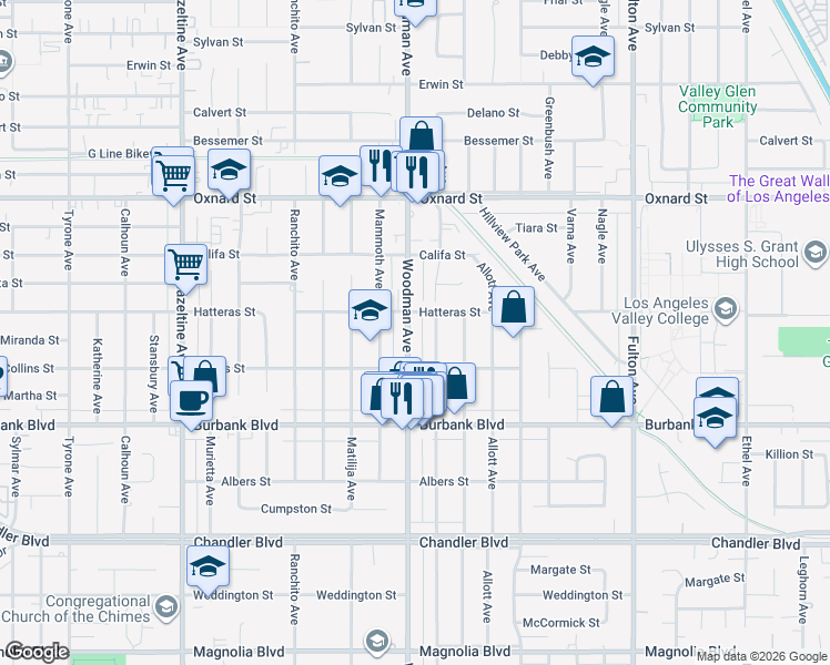 map of restaurants, bars, coffee shops, grocery stores, and more near 5718 Woodman Avenue in Los Angeles