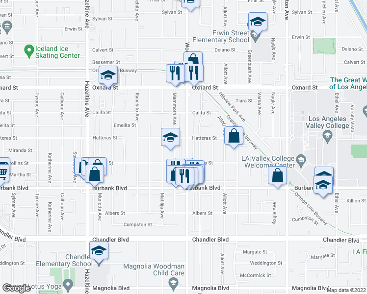 map of restaurants, bars, coffee shops, grocery stores, and more near 5718 Woodman Avenue in Los Angeles