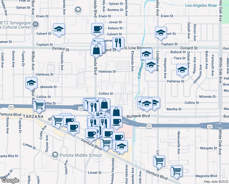 map of restaurants, bars, coffee shops, grocery stores, and more near 18366 Collins Street in Los Angeles
