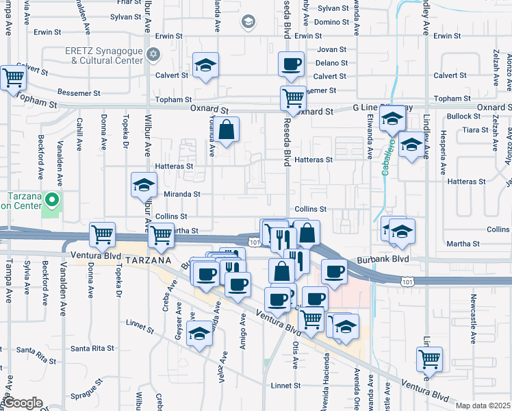 map of restaurants, bars, coffee shops, grocery stores, and more near 18540 Collins Street in Los Angeles
