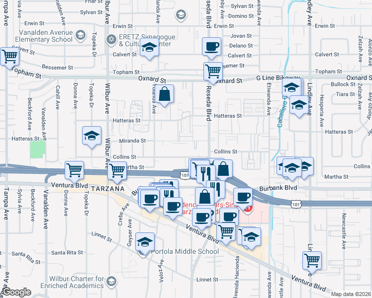 map of restaurants, bars, coffee shops, grocery stores, and more near 18555 Collins Street in Tarzana