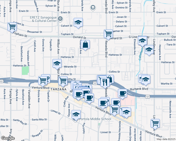 map of restaurants, bars, coffee shops, grocery stores, and more near 18618 Collins Street in Los Angeles