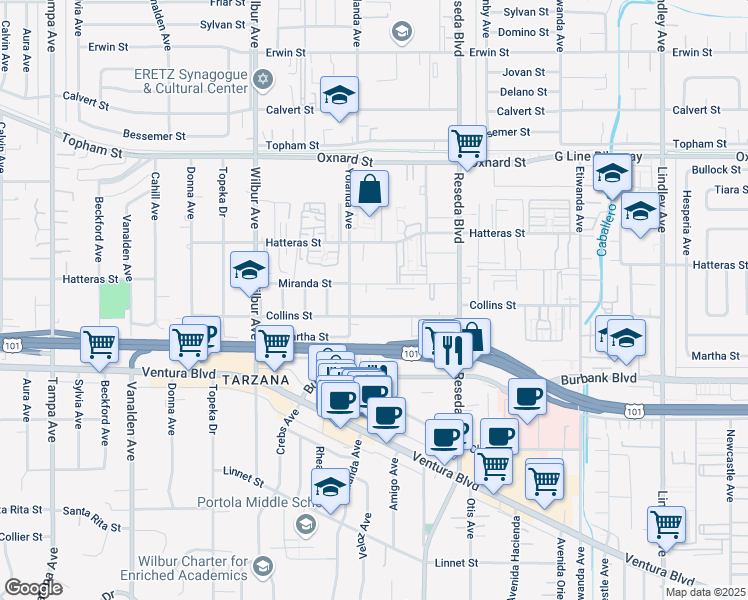 map of restaurants, bars, coffee shops, grocery stores, and more near 18618 Collins Street in Los Angeles
