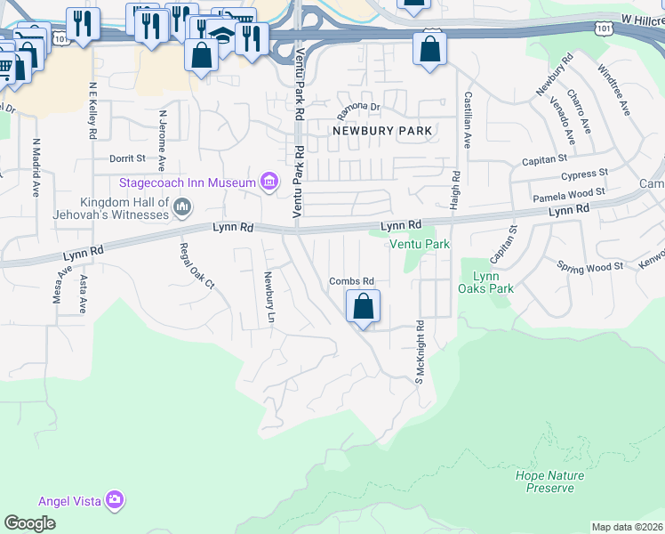 map of restaurants, bars, coffee shops, grocery stores, and more near 1380 Combs Road in Thousand Oaks