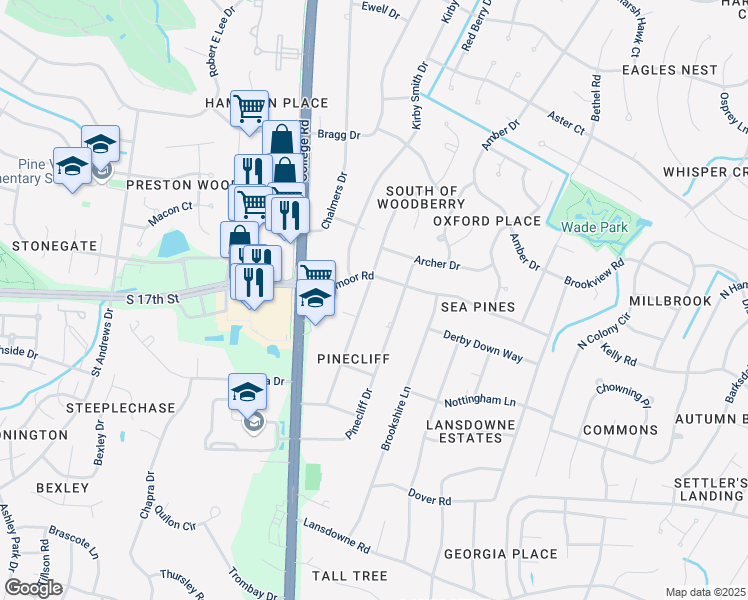 map of restaurants, bars, coffee shops, grocery stores, and more near 327 Pinecliff Drive in Wilmington