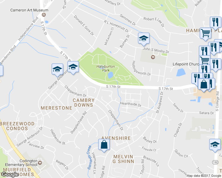 map of restaurants, bars, coffee shops, grocery stores, and more near 3918 Mayfield Court in Wilmington