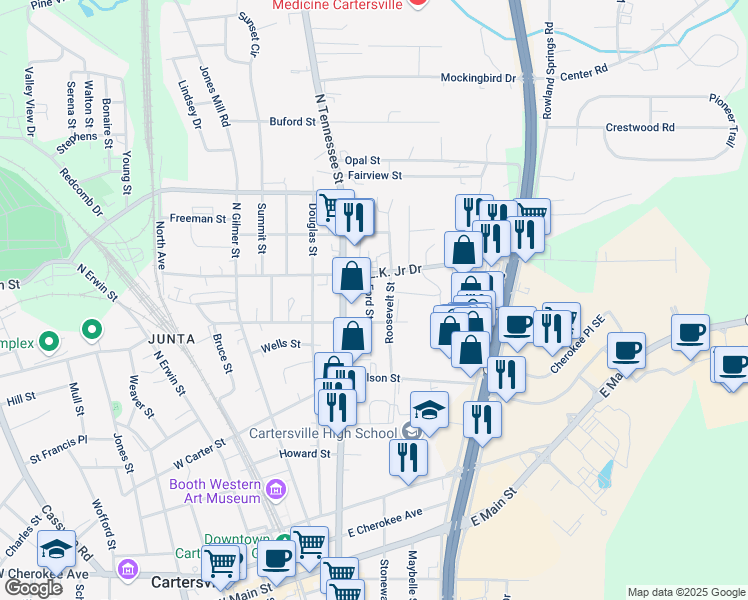 map of restaurants, bars, coffee shops, grocery stores, and more near 111 Ford Street in Cartersville