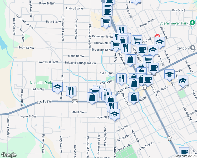 map of restaurants, bars, coffee shops, grocery stores, and more near 1105 2nd Street Southwest in Cullman