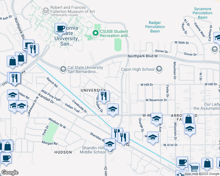 map of restaurants, bars, coffee shops, grocery stores, and more near 1381 Reservoir Dr in San Bernardino
