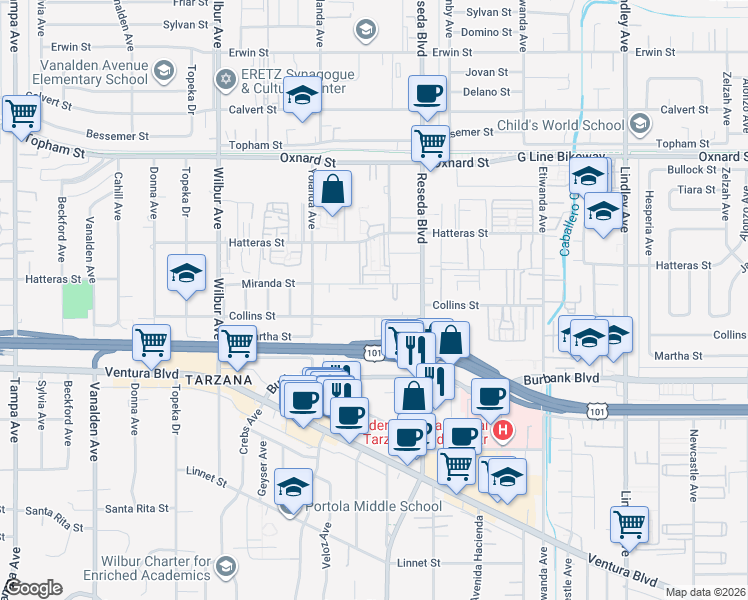map of restaurants, bars, coffee shops, grocery stores, and more near 18601 Collins Street in Los Angeles