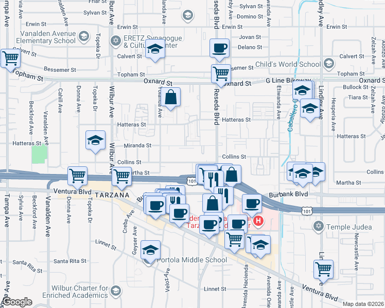 map of restaurants, bars, coffee shops, grocery stores, and more near 18555 Collins Street in Los Angeles