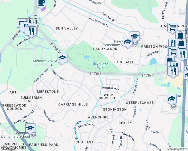 map of restaurants, bars, coffee shops, grocery stores, and more near 3825 Mayfield Court in Wilmington