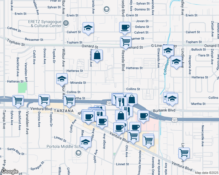 map of restaurants, bars, coffee shops, grocery stores, and more near 18619 Collins Street in Los Angeles