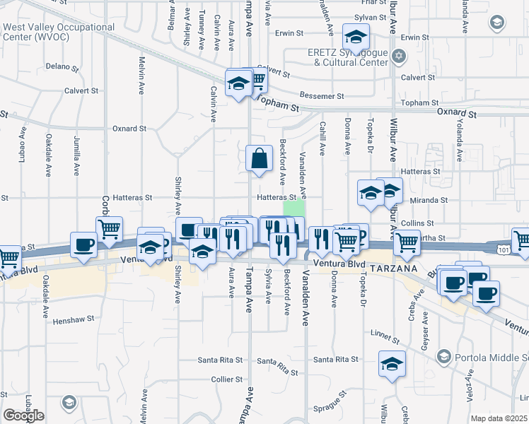 map of restaurants, bars, coffee shops, grocery stores, and more near 5724 Tampa Avenue in Los Angeles