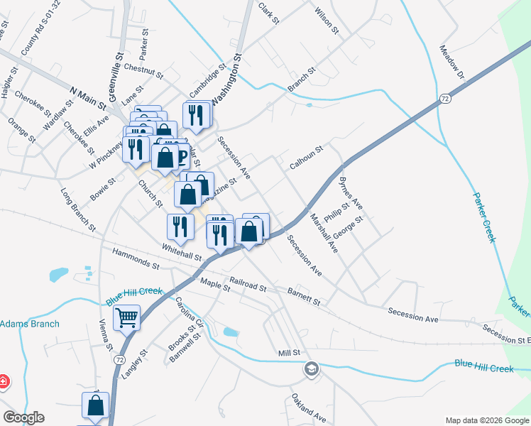 map of restaurants, bars, coffee shops, grocery stores, and more near 100 Brooks Street in Abbeville