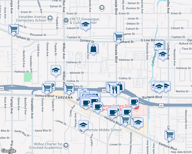 map of restaurants, bars, coffee shops, grocery stores, and more near 18631 Collins Street in Los Angeles