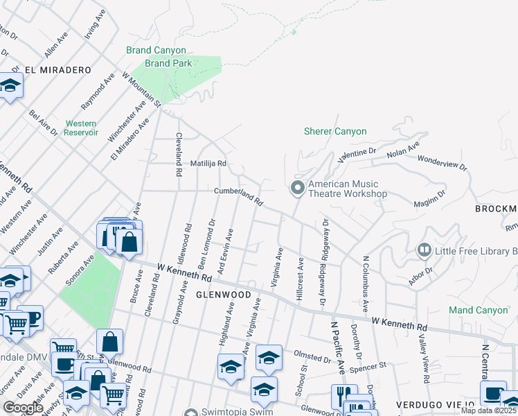 map of restaurants, bars, coffee shops, grocery stores, and more near 734 Cumberland Road in Glendale