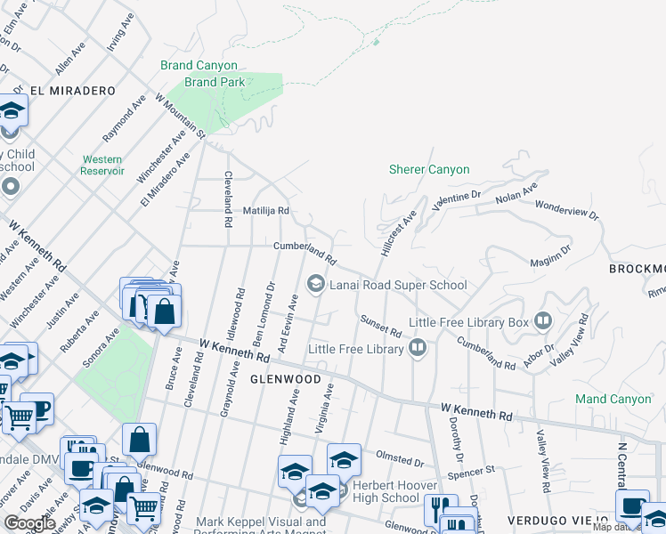 map of restaurants, bars, coffee shops, grocery stores, and more near 734 Cumberland Road in Glendale