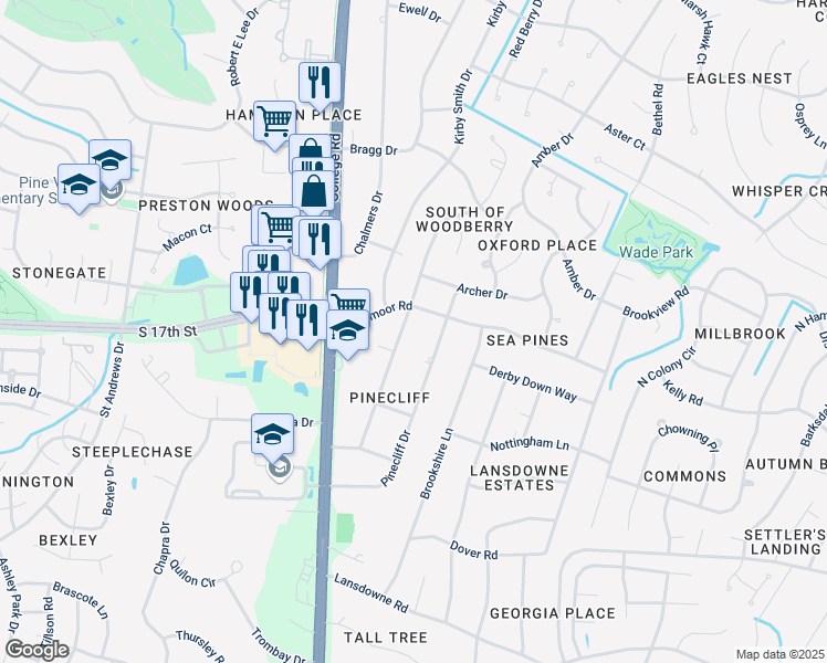 map of restaurants, bars, coffee shops, grocery stores, and more near 327 Pinecliff Drive in Wilmington