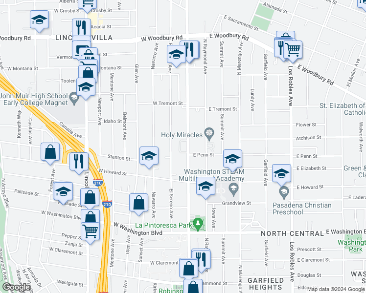 map of restaurants, bars, coffee shops, grocery stores, and more near 1709 North Fair Oaks Avenue in Pasadena